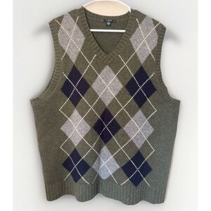 J Crew Mens 100% LambsWool SweaterVest XL Green Argyle Preppy Academia Grandpa